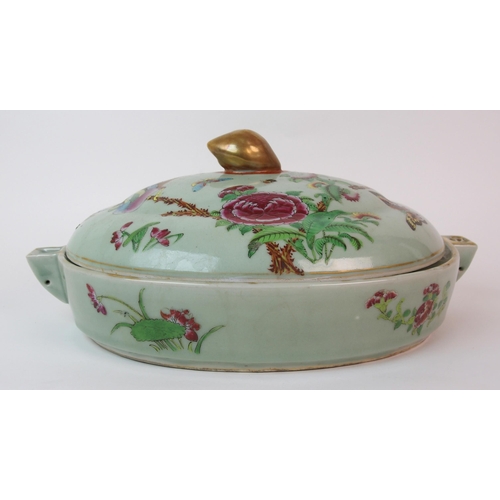 65 - A Cantonese celadon ground famille rose tureen and cover