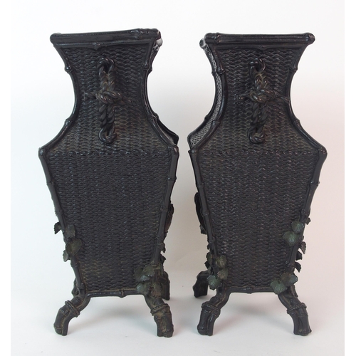 67 - A pair of Japanese bronze square shaped vases