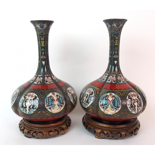 72 - A pair of cloisonne flattened baluster lobed vases