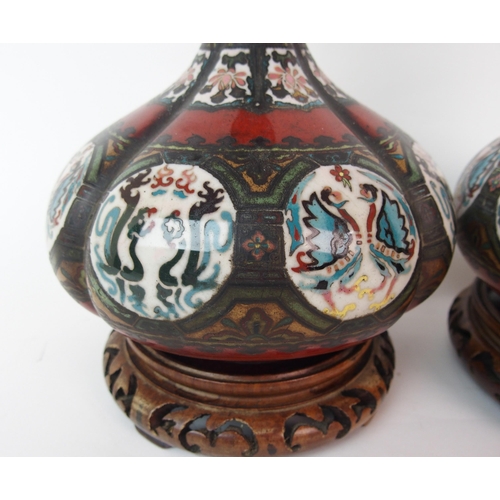 72 - A pair of cloisonne flattened baluster lobed vases