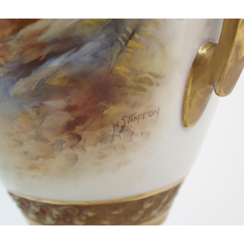 645 - A Harry Stinton for Royal Worcester two-handled urn and cover