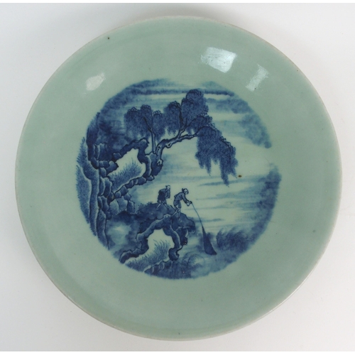 70 - A Chinese celadon ground blue painted dish