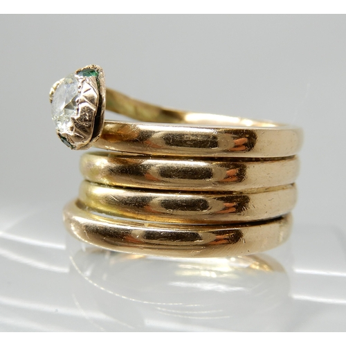 655 - A BRIGHT YELLOW METAL DIAMOND AND DEMANTOID GARNET SNAKE RING