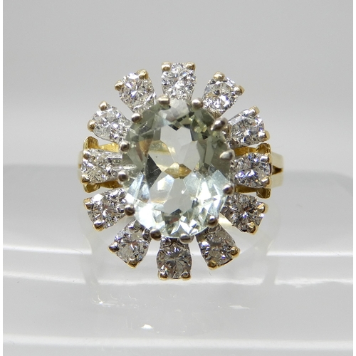 656 - AN 18CT GOLD GREEN AMETHYST AND DIAMOND CLUSTER RING