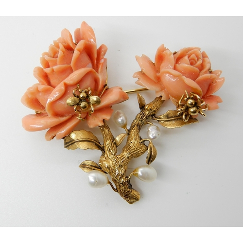 661 - A LARGE CARVED CORAL ROSE BROOCH WITH GOLD BUGS AND PEARLS