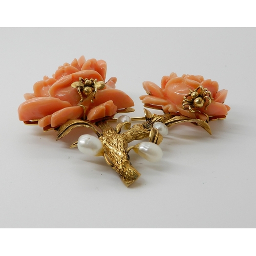 661 - A LARGE CARVED CORAL ROSE BROOCH WITH GOLD BUGS AND PEARLS