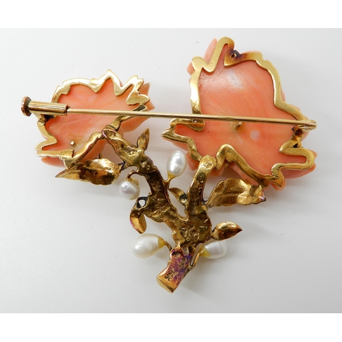 661 - A LARGE CARVED CORAL ROSE BROOCH WITH GOLD BUGS AND PEARLS