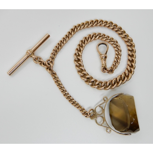 673 - A 9CT ROSE GOLD FOB CHAIN WITH ATTACHED SMOKY QUARTZ FOB SEAL