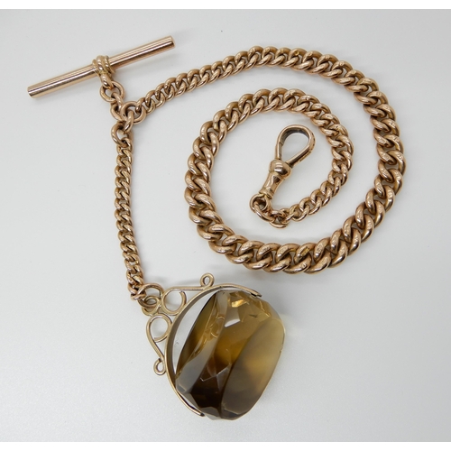 673 - A 9CT ROSE GOLD FOB CHAIN WITH ATTACHED SMOKY QUARTZ FOB SEAL