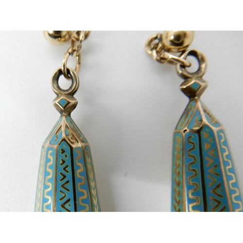 680 - A PAIR OF VICTORIAN TURQUOISE ENAMEL DROP EARRINGS