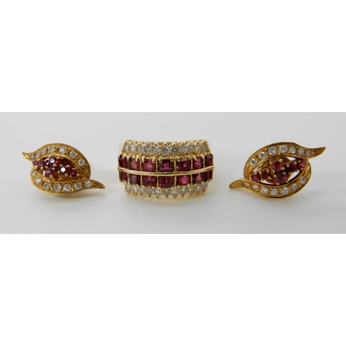 714 - AN 18CT GOLD RUBY AND DIAMOND RING AND EARRINGS