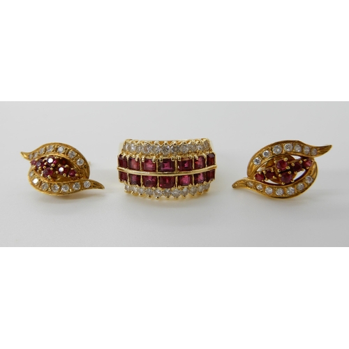 714 - AN 18CT GOLD RUBY AND DIAMOND RING AND EARRINGS