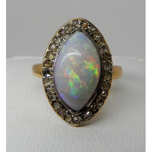 726 - AN 18CT GOLD OPAL AND ROSE CUT DIAMOND RING