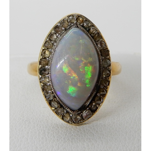 726 - AN 18CT GOLD OPAL AND ROSE CUT DIAMOND RING