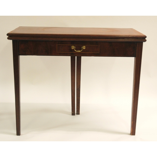 804 - A GEORGIAN MAHOGANY AND SATINWOOD CROSSBANDED FOLD-OVER CARD TABLE