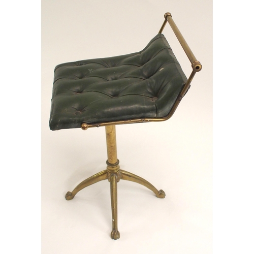 850 - A VICTORIAN BRASS AND LEATHER BUTTON SEAT PIANO STOOL