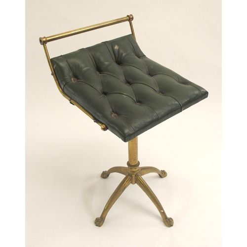 850 - A VICTORIAN BRASS AND LEATHER BUTTON SEAT PIANO STOOL