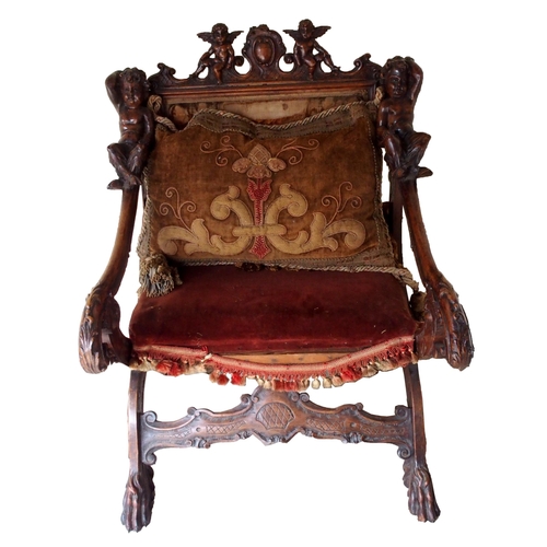 875 - AN UNUSUAL CONTINENTAL PROBABLY ITALIAN WALNUT BARONIAL CHAIR