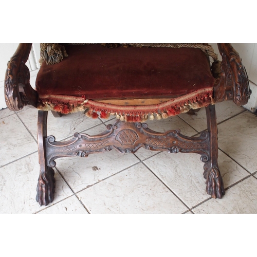 875 - AN UNUSUAL CONTINENTAL PROBABLY ITALIAN WALNUT BARONIAL CHAIR