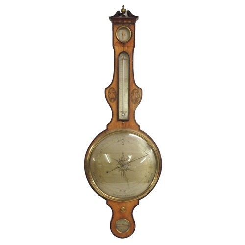 877 - A GEORGE III MAHOGANY AND SATINWOOD WHEEL BAROMETER