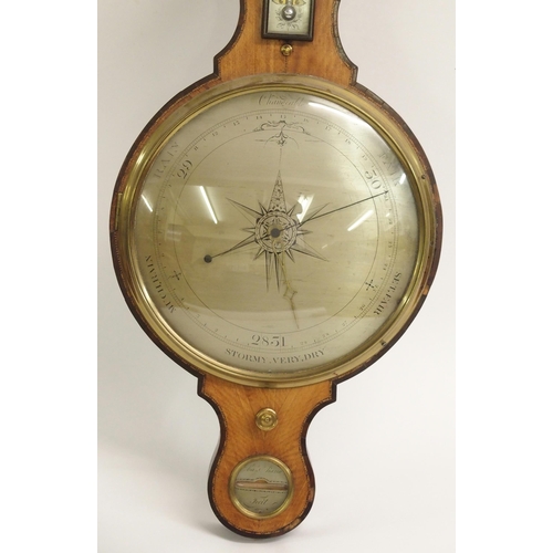 877 - A GEORGE III MAHOGANY AND SATINWOOD WHEEL BAROMETER