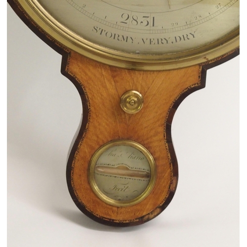 877 - A GEORGE III MAHOGANY AND SATINWOOD WHEEL BAROMETER