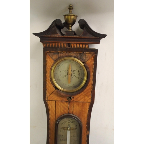 877 - A GEORGE III MAHOGANY AND SATINWOOD WHEEL BAROMETER