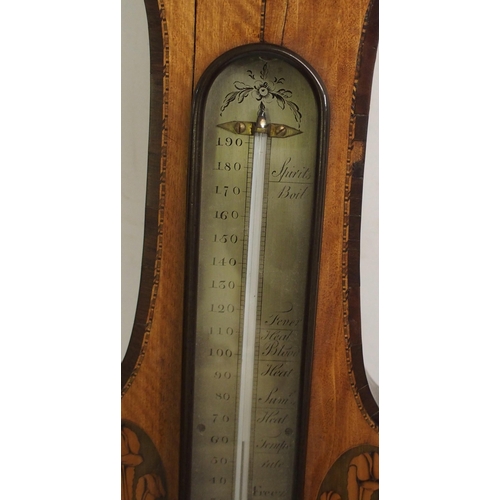 877 - A GEORGE III MAHOGANY AND SATINWOOD WHEEL BAROMETER