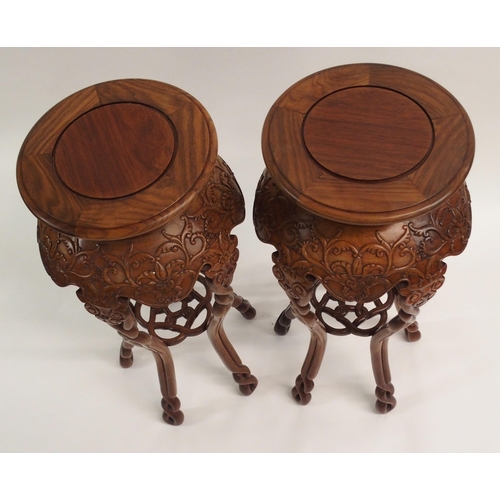 878 - A PAIR OF MODERN CHINESE HARDWOOD PEDESTALS