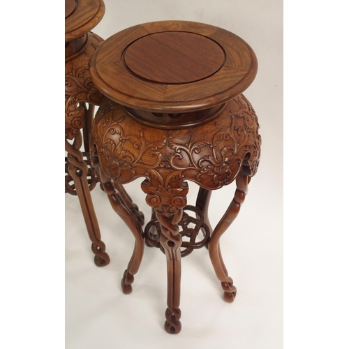 878 - A PAIR OF MODERN CHINESE HARDWOOD PEDESTALS