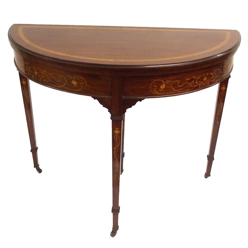 894 - AN EDWARDIAN MAHOGANY INLAID DEMI-LUNE FOLD OVER CARD TABLE