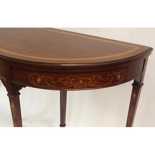 894 - AN EDWARDIAN MAHOGANY INLAID DEMI-LUNE FOLD OVER CARD TABLE