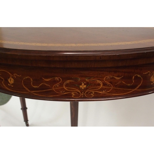 894 - AN EDWARDIAN MAHOGANY INLAID DEMI-LUNE FOLD OVER CARD TABLE