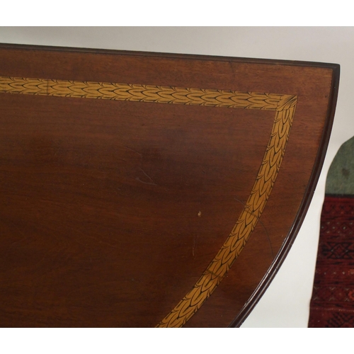 894 - AN EDWARDIAN MAHOGANY INLAID DEMI-LUNE FOLD OVER CARD TABLE