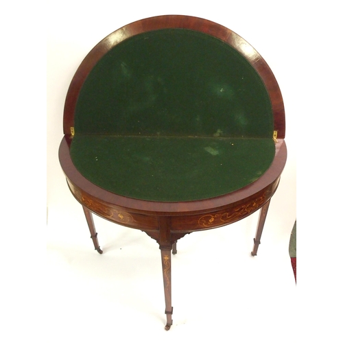 894 - AN EDWARDIAN MAHOGANY INLAID DEMI-LUNE FOLD OVER CARD TABLE