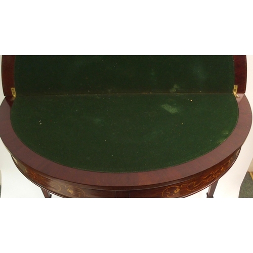 894 - AN EDWARDIAN MAHOGANY INLAID DEMI-LUNE FOLD OVER CARD TABLE