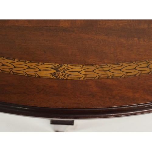 894 - AN EDWARDIAN MAHOGANY INLAID DEMI-LUNE FOLD OVER CARD TABLE