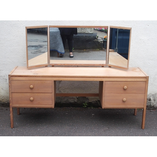 909 - A MID-CENTURY PINE DRESSING TABLE WITH TRIPLE MIRRORS