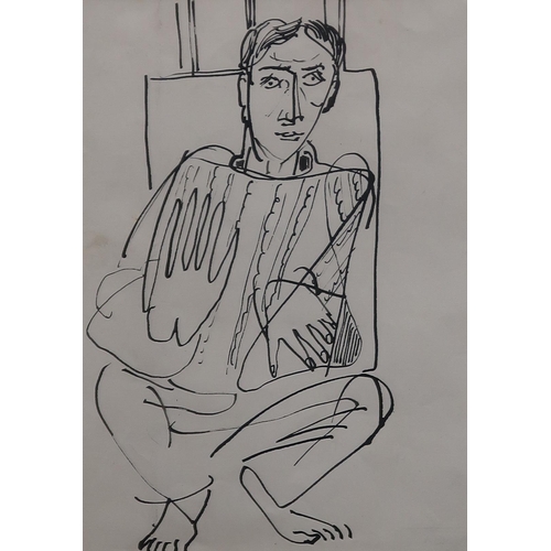 1012 - WILLIAM CROSBIE RSA RGI (1915-1999)MAN CROUCHING WITH EASEL Ink on paper, 22 x 17cm... 