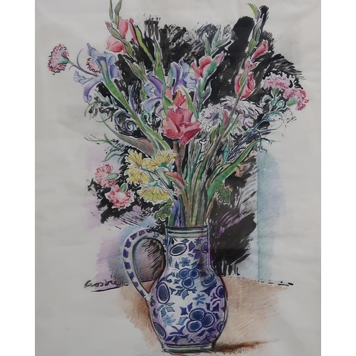 1016 - WILLIAM CROSBIE RSA RGI (1915-1999)STILL LIFE WITH GLADIOLI, CARNATIONS AND IRISES Mixed media ... 