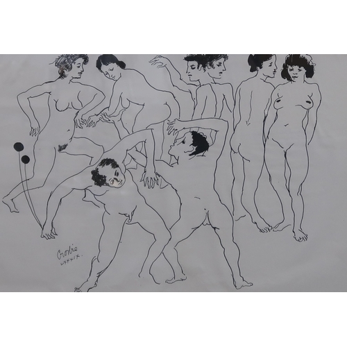 1024 - WILLIAM CROSBIE RSA RGI (1915-1999)SEVEN FIGURES 1989Ink on paper, signed lower left, 27 x 40cm... 