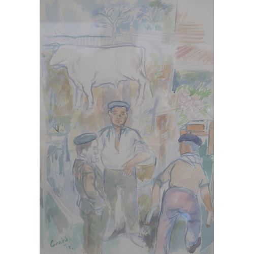 1028 - WILLIAM CROSBIE RSA RGI (1915-1999)BULL AND THREE FARMERS, SALAMANCE, 1958Watercolour, signed lower ... 