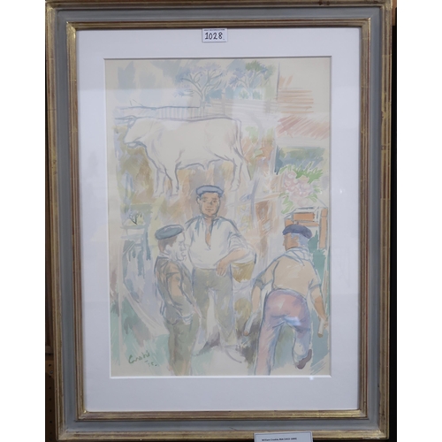 1028 - WILLIAM CROSBIE RSA RGI (1915-1999)BULL AND THREE FARMERS, SALAMANCE, 1958Watercolour, signed lower ... 