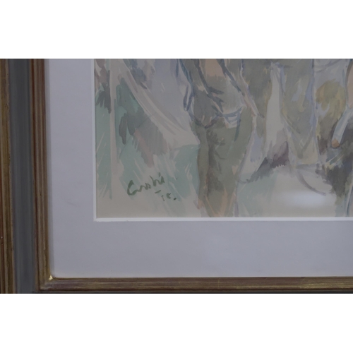 1028 - WILLIAM CROSBIE RSA RGI (1915-1999)BULL AND THREE FARMERS, SALAMANCE, 1958Watercolour, signed lower ... 