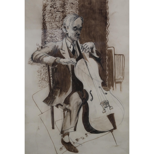 1029 - WILLIAM CROSBIE RSA RGI (1915-1999)MALE CELLIST Pen and ink, 52 x 35cm ... 