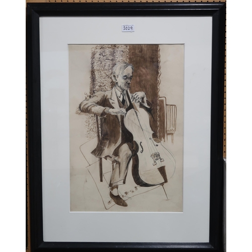 1029 - WILLIAM CROSBIE RSA RGI (1915-1999)MALE CELLIST Pen and ink, 52 x 35cm ... 