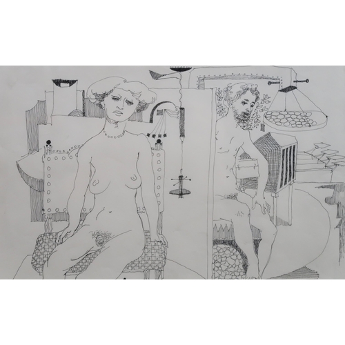 1030 - WILLIAM CROSBIE RSA RGI (1915-1999)MALE AND FEMALE NUDE, IN INTERIOR Ink drawing, 18 x 29cm&nbs... 