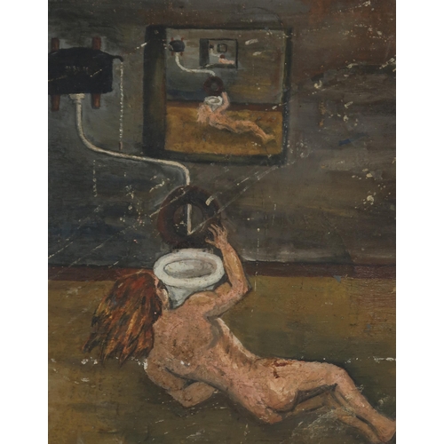 971 - BRITISH SCHOOL WOMAN AT TOILET WITH REFLECTION & FAMILY SCENE Oil on board (unframed),... 