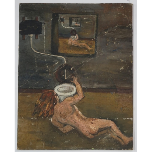 971 - BRITISH SCHOOL WOMAN AT TOILET WITH REFLECTION & FAMILY SCENE Oil on board (unframed),... 