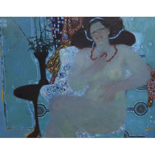 976 - *WITHDRAWN*RUSSIAN SCHOOL FEMALE NUDE IN INTERIOR Oil on canvas, signed lower left, 81 x 103cmInscri... 